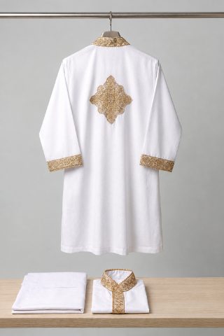 Handwork Aali Qadr Pattern Kurta, Saya, and Izar Set for Kids