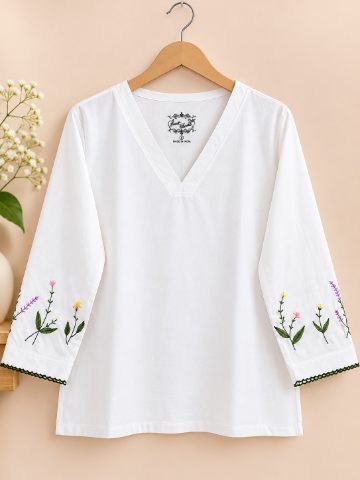 White Full Sleeves Embroidery Tshirt