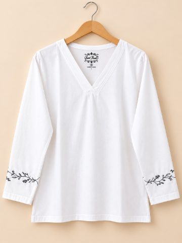 White Full Sleeves Black Floral Embroidery Tshirt