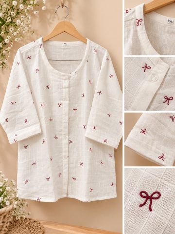 Cream 3/4 Maroon bow print  Shirt