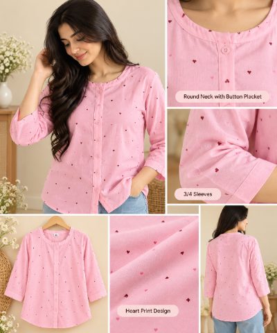 Pink Heart Print Cotton Shirt