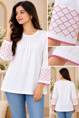 White Top with Pink Moroccan Sleeve Design