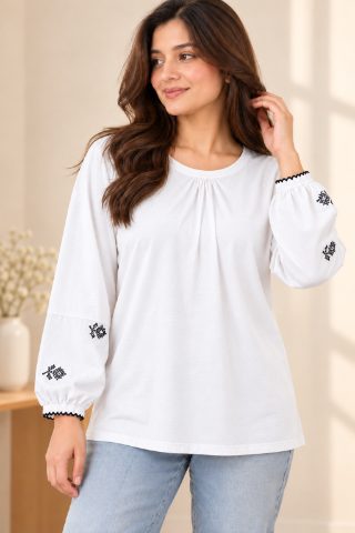 White Top with Black Cross-Stitch Work